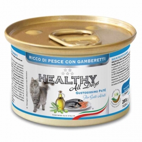 Healthy All days, вологий корм для котів, паштет з рибою та креветками, 200г