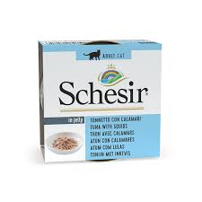 Schesir Tuna Calamari консервы для кошек, влажный корм тунец с кальмаром в желе, банка 85 г