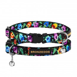 BronzeDog Folk нашийник для котів, квіти, з пластиковою пряжкою 10мм, чорний