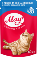 Мяу риба та овочі в желе консервований корм для котів 80г (1 шт)
